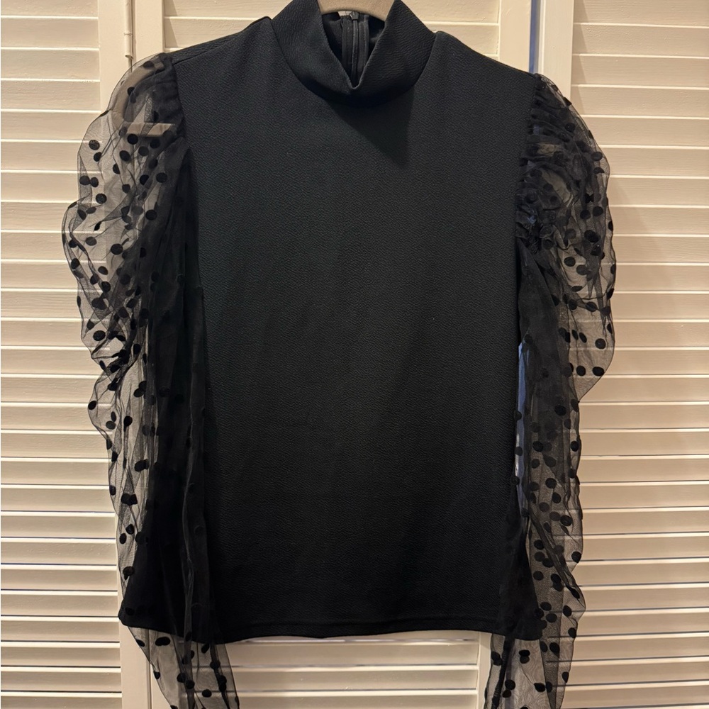 Black Top with Sheer Polka Dot Sleeves